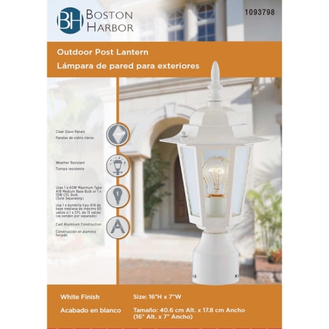 Boston Harbor AL8044-WH Post Lantern, 120 V, 60 W, A19 or CFL Lamp - Image 2