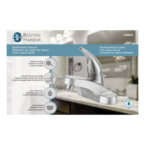 Boston Harbor TQ-F4510042NP Lavatory Faucet, 1.2 gpm, 1-Faucet Handle, 3-Faucet Hole, Metal/Plastic, Brushed Nickel - Image 3
