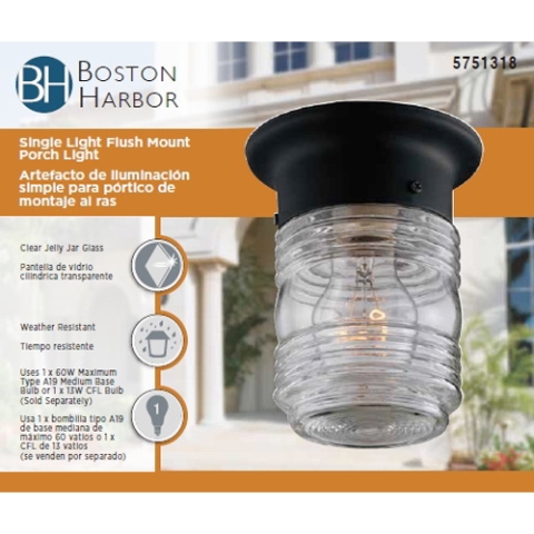 Boston Harbor Porch Light, 120 V, 60 W, A19 or CFL Lamp, Steel Fixture, Black, Black Fixture - Image 3