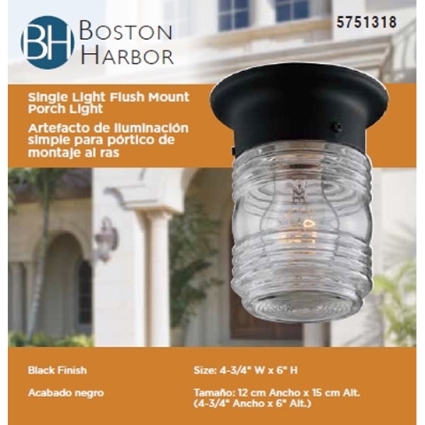 Boston Harbor Porch Light, 120 V, 60 W, A19 or CFL Lamp, Steel Fixture, Black, Black Fixture - Image 4