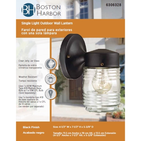Boston Harbor Outdoor Wall Lantern, 120 V, 60 W, A19 or CFL Lamp, Steel Fixture, Black, Black Fixture - Image 2