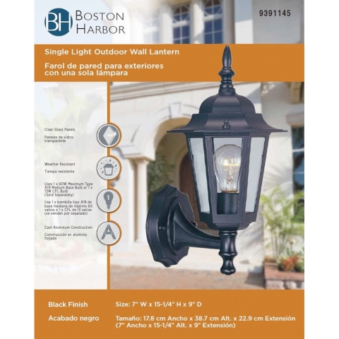Boston Harbor AL8041-5 Outdoor Wall Lantern, 120 V, 60 W, A19 or CFL Lamp, Aluminum Fixture, Black - Image 2